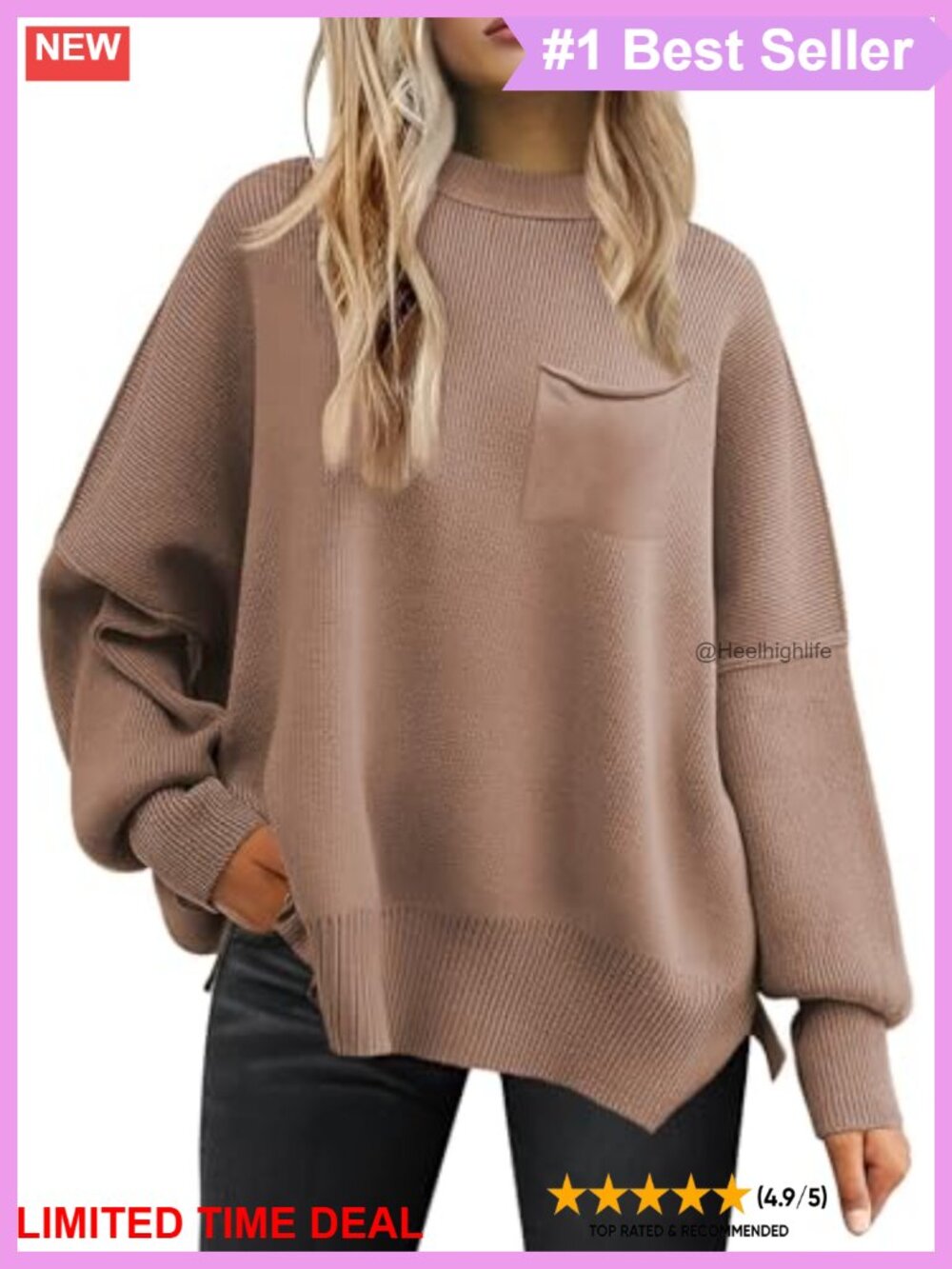Oversized Ribbed Knit Pullover Sweater Batwing Sleeve Crewneck Women's